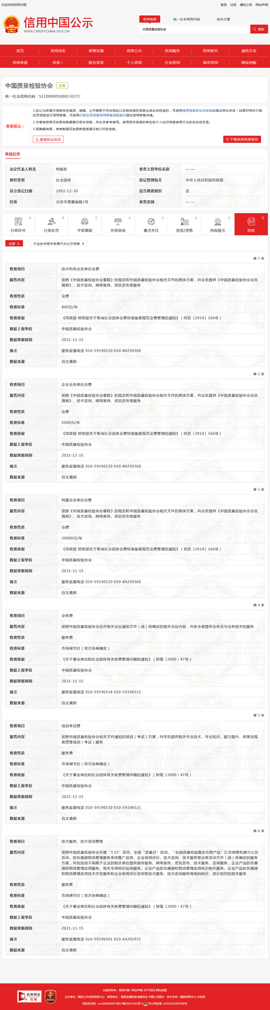 信用中國(guó)公示 中國(guó)質(zhì)量檢驗(yàn)協(xié)會(huì)統(tǒng)一社會(huì)信用代碼：51100000500013027C