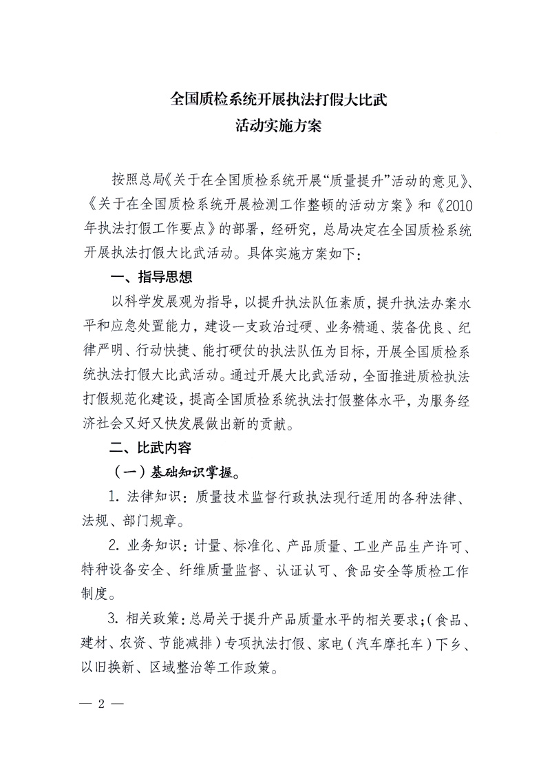國家質量監督檢驗檢疫總局《關于印發<全國質檢系統開展執法打假大比武活動實施方案>的通知》